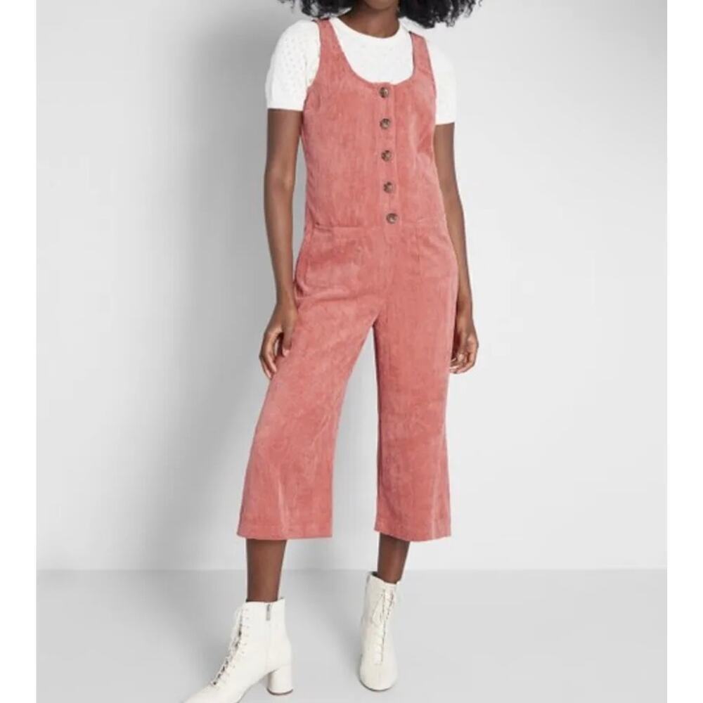 ModCloth As You Wish Jumpsuit Cropped Wide Leg Overalls Corduroy Pink Size Small